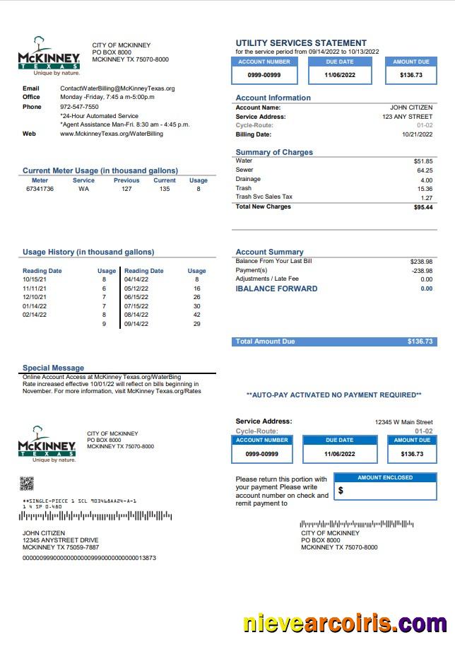 USA Texas McKinney utility bill